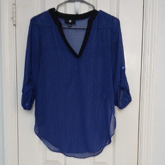 Iz Byer Blue Sheer Button-Up V-Neck Blousr - Picture 1 of 5